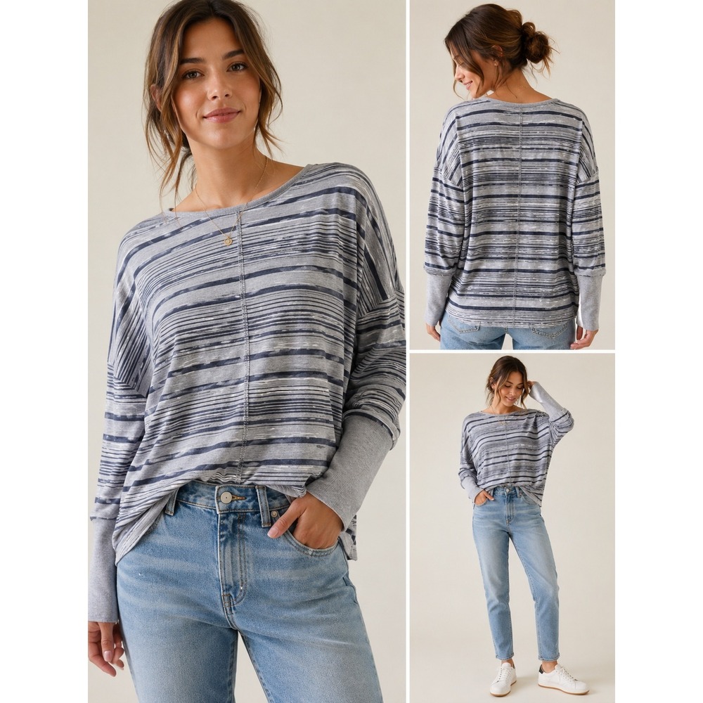 Athleta Gray Striped Long Sleeve Top S Thin Cotton Casual Wear Made in India